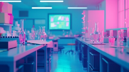 Empty laboratory, neon lighting, scientific research, stock photo