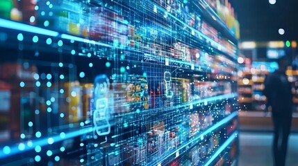 Grocery store shelf with digital overlay of product data. Possible use Stock photo for e-commerce, technology, or retail