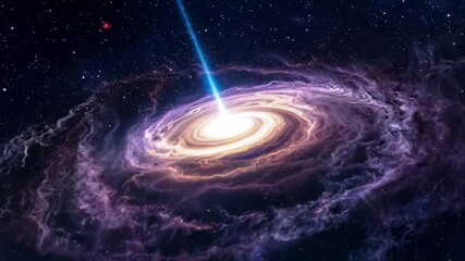 Wall Mural - A bright light is shooting out of a black hole. The image is of a galaxy with a bright light shooting out of it