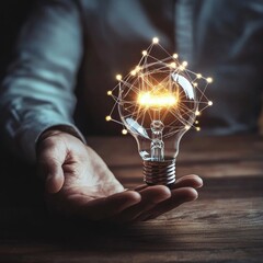 Poster - Holding the Innovation: Hand Presenting Glowing Light Bulb Connected by Network, Symbolizing Bright Ideas