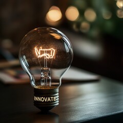 Poster - Innovate: A Lit Lightbulb on a Desk Symbolizing Creative Ideas, Breakthrough Thinking and Bright Business Solutions.