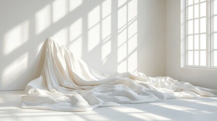 Poster - Serene studio scene with flowing white fabric bathed in soft window light creating a minimalist ambiance and a sense of calm purity