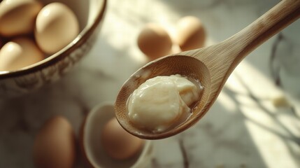 Poster - Spoon with creamy spread next to fresh eggs on a textured surface in the kitchen during daylight hours. Generative AI