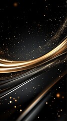 Poster - Elegant abstract black background with golden flowing lines and sparkling particles for luxury design