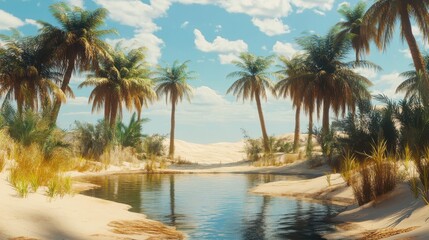 Wall Mural - a tranquil desert oasis featuring palm trees and reflective water is presented