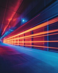 Poster - Dynamic Corridor of Storage Units with Blurred Motion and Vibrant Lighting Creating a Sense of Speed and Modernity