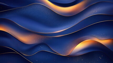 Poster - Elegant navy blue and gold abstract background featuring flowing silk ribbons with a luxurious and sophisticated aesthetic for modern design