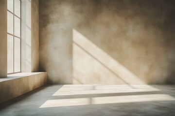 Poster - Interior room with light streaming in through window casting shadows on the wall and floor creating a serene and minimal space