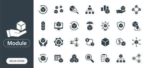 vector icons representing modules, blocks, connections, and systems, designed as solid icons in a mi