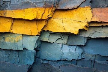 Poster - Striking rock formation with vibrant yellow and gray layers geological wonder natural texture close up detail