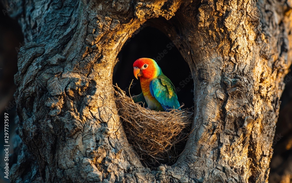 Parrot Inside Colorful parrot resting on a nest inside a tree hollow during golden ...