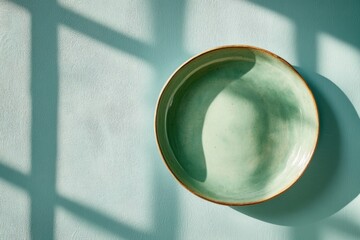 Poster - A Green Dish Resting On A Light Blue Textured Surface