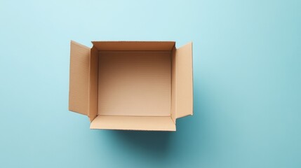 Canvas Print - Open cardboard box centered overhead shot, bright studio setting, light blue background