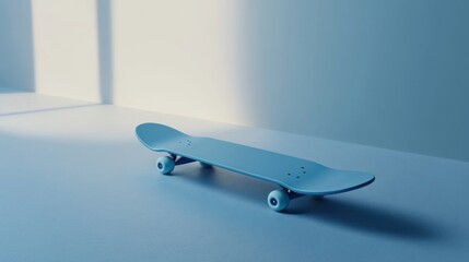 Poster - Blue skateboard rests in a corner under bright sunlight against a simple wall