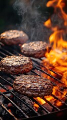Wall Mural - Sizzling Burgers on a Grill with Flames and Smoke Capturing the Essence of Summer Barbecue and Delicious Food Preparation