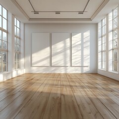 Poster - Sunlit Gallery Interior with Blank Canvases and Hardwood Floor Capturing Natural Light and Architectural Detail for Art Display and Creative Space