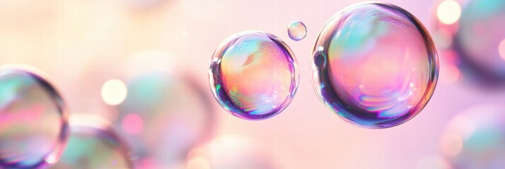 Poster - Colorful soap bubbles create a vibrant repeating pattern in a soft pastel background for a whimsical atmosphere. Generative AI