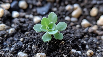 Poster - Sprout emerges from soil. Tiny seedling grows in garden. Earth & small rocks in background