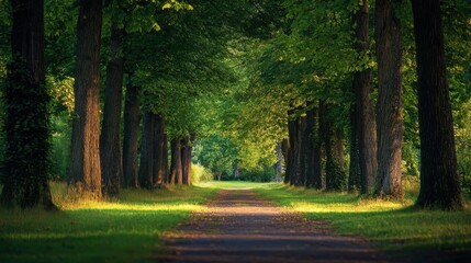 Wall Mural - a peaceful pathway surrounded by tall leafy trees and grass
