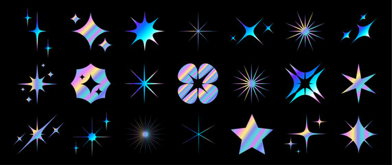 Wall Mural - collection of holographic stars and geometric labels. iridescent foil star in various shapes with a 