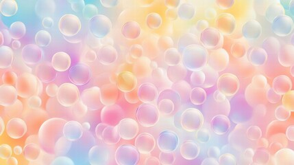 Fototapete - Colorful soap bubbles create a vibrant pattern in a soft, dreamy background of pastel hues during daylight. Generative AI