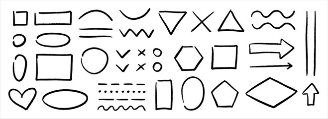 Poster - Black chalk hand drawn shapes and frames set. Scribbled charcoal element collection. Pencil sketch sign and symbols for diagram and plan. Rough arrows, ovals, squares, rectangles, squiggles. Vector