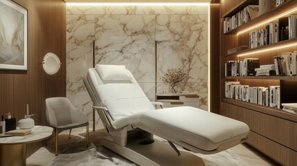 Poster - hospital suite with stylish marble walls, an ergonomic reading corner, a hand-picked book collection, and an ultra-comfortable reclining bed.