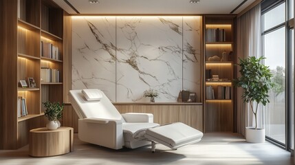 Poster - hospital suite with stylish marble walls, an ergonomic reading corner, a hand-picked book collection, and an ultra-comfortable reclining bed.