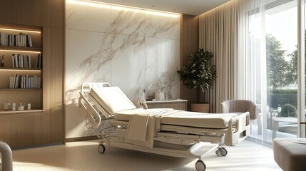 Poster - hospital suite with stylish marble walls, an ergonomic reading corner, a hand-picked book collection, and an ultra-comfortable reclining bed.