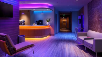 Poster - hospital suite with geometric modern aesthetics, vibrant mood lighting, an in-room espresso bar, and a high-speed media center.