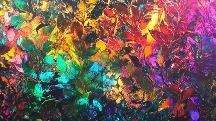 Poster - holographic foil with liquid-like reflections, displaying an abstract interplay of shimmering neon and metallic colors.