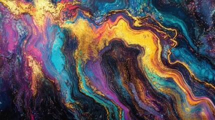 Poster - holographic foil with liquid-like reflections, displaying an abstract interplay of shimmering neon and metallic colors.