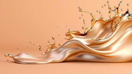 Poster - dynamic display of golden and silver fluid waves splashing against a warm peach background. movement captures the interplay of light and texture, showcasing elegant splashes