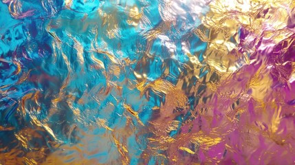 Aufkleber - holographic foil surface, where every ripple shifts colors between electric cyan, vivid magenta, and warm gold.
