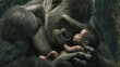 © Nikolai - A mother gorilla tenderly holds her baby in a lush jungle setting.