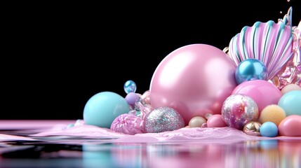 Poster - vibrant assortment of glossy spheres and shells in pastel shades is arranged on a reflective surface. colors blend harmoniously to create a cheerful and lively atmosphere
