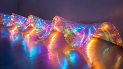 Aufkleber - mesmerizing holographic foil with swirling neon light waves, reflecting seamlessly across a fluid metallic surface.