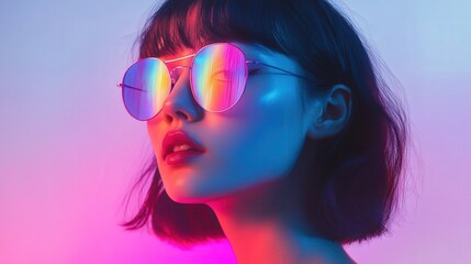 Poster - holographic foil with vibrant neon reflections, morphing across a smooth metallic texture.
