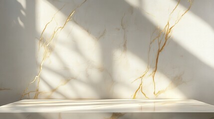Aufkleber - beige marble tabletop with golden streaks, set against a pure white wall, creating subtle abstract shadow effects