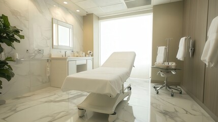 Poster - hospital suite with a spacious en-suite marble bathroom, rainfall shower, heated towel racks, and a luxury skincare selection for guests.