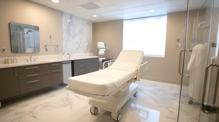Poster - hospital suite with a spacious en-suite marble bathroom, rainfall shower, heated towel racks, and a luxury skincare selection for guests.