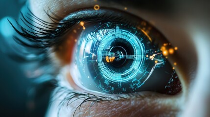 Poster - futuristic smart contact lens with augmented reality overlay, biometric authentication, and real-time translation