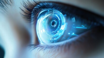 Poster - futuristic smart contact lens with augmented reality overlay, biometric authentication, and real-time translation