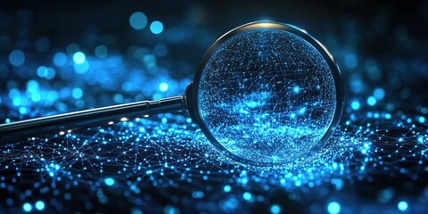 Fototapete - Glowing Blue Particles Viewed Through Magnifying Glass