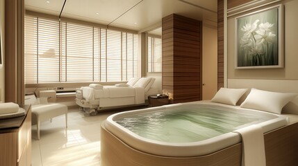 Poster - hospital suite designed like a high-end spa, with a built-in whirlpool bath, custom relaxation playlists, an organic aromatherapy menu, and heated massage recliners.