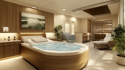 Poster - hospital suite designed like a high-end spa, with a built-in whirlpool bath, custom relaxation playlists, an organic aromatherapy menu, and heated massage recliners.