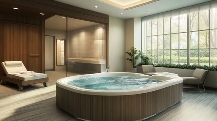 Poster - hospital suite designed like a high-end spa, with a built-in whirlpool bath, custom relaxation playlists, an organic aromatherapy menu, and heated massage recliners.