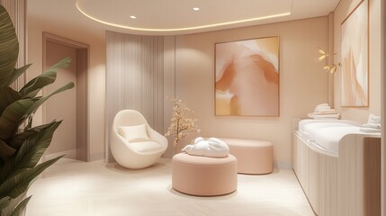 Poster - private breastfeeding lounge, soft pastel interiors, a baby wellness station, and a customized postpartum care package.