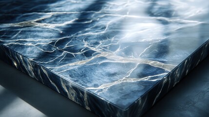Poster - luxury-inspired sapphire-blue marble tabletop with silver veins, illuminated under soft lighting, casting dreamy abstract shadows