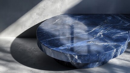 Poster - luxury-inspired sapphire-blue marble tabletop with silver veins, illuminated under soft lighting, casting dreamy abstract shadows